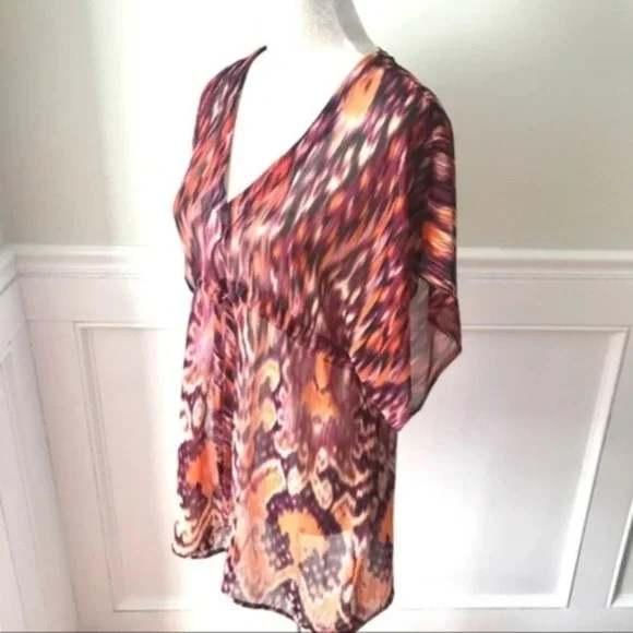 CAbi V Neck Printed Blouse Tunic Top XS Red Orange - Picture 3 of 4
